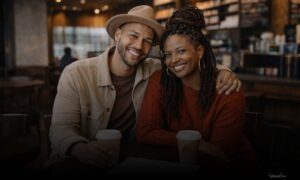 Couple seated in a coffee shop completing a legal marriage license signing without a formal wedding