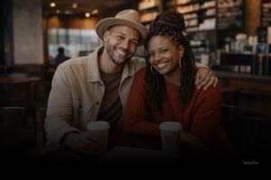 Couple seated in a coffee shop completing a legal marriage license signing without a formal wedding