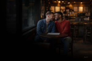 Two partners finalizing a legal marriage license in a casual, coffee shop setting.